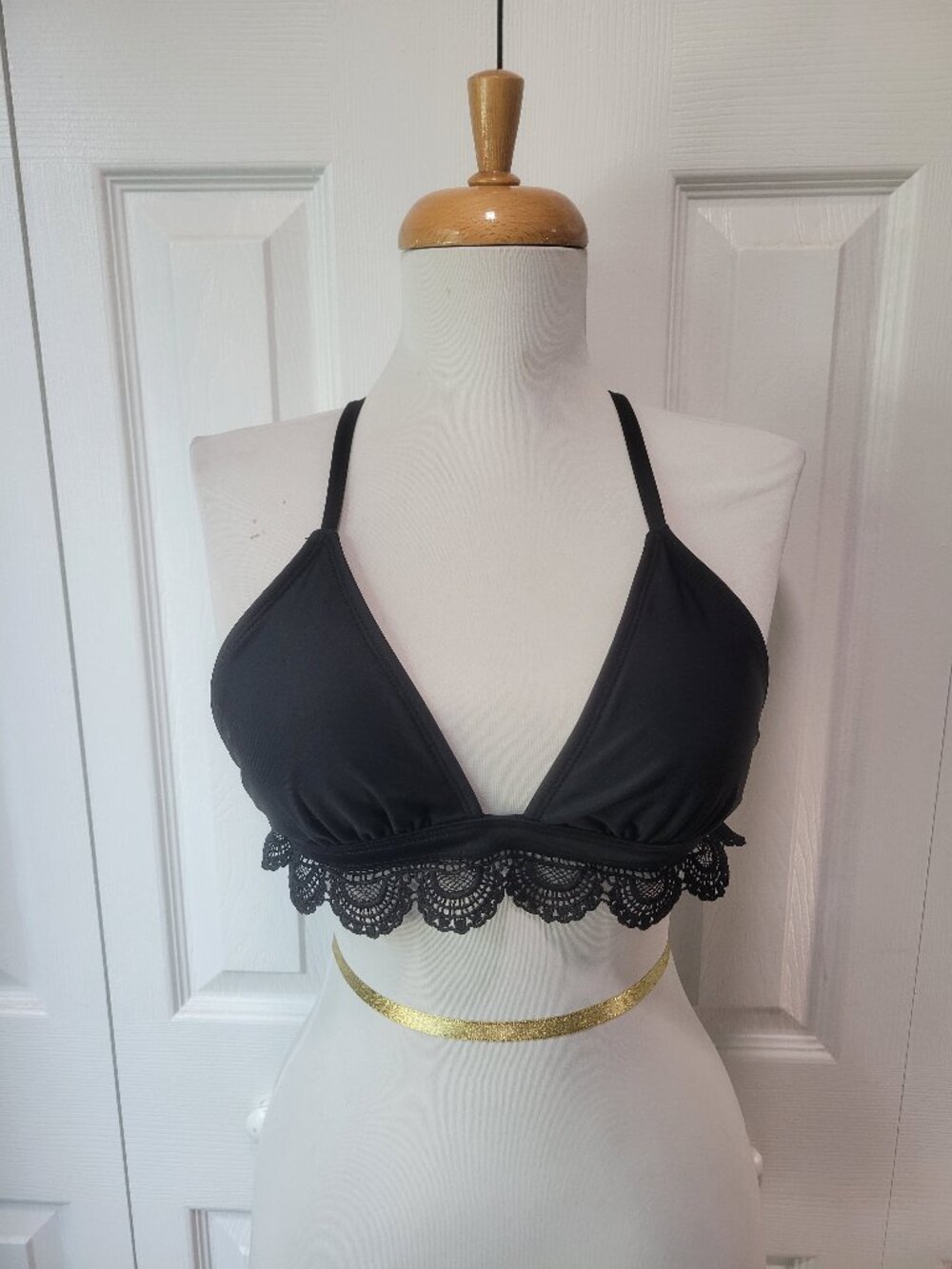Boho Black Scalloped Crochet Lace Trim Halter Triangle Bikini Swim Top sz S/M